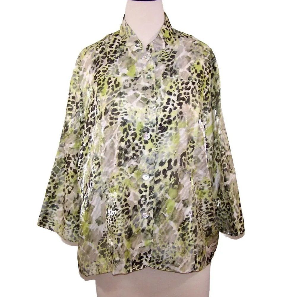 Samantha Grey Topper Shirt Top Womens 18 Sheer Shiny Shimmer Button Up Blouse